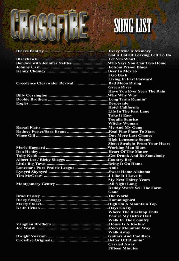 Crossfire's Songlist