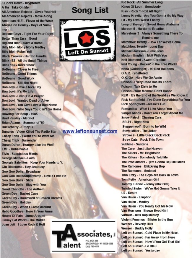 Left On Sunset's Songlist